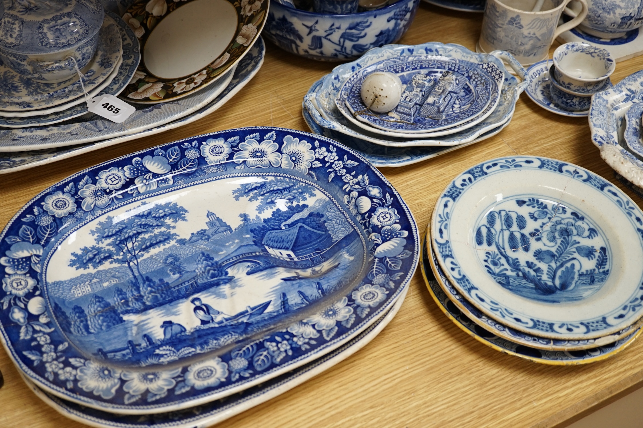 A collection of mixed blue and white dinnerware including Masons Ironstone, mostly plates and jugs. Condition - varies, poor to fair